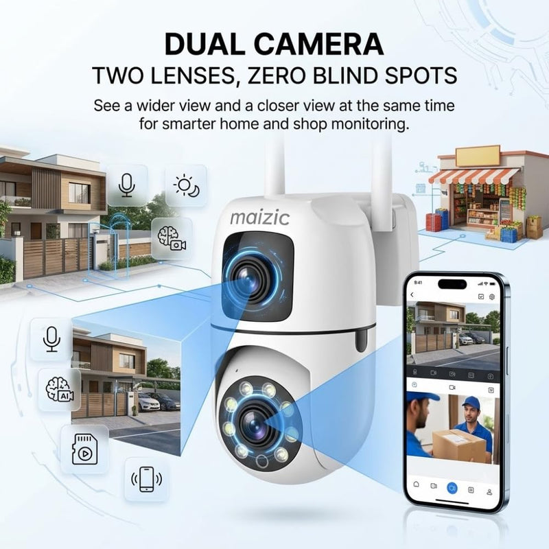 Maizic Smarthome Ask 5MP WiFi AI Agent CCTV Camera | Dual-Lens View | Hindi & English Voice Daily Briefing | Face Recognition, Smart Journal, ProofCam Video Evidence & Colour Night Vision