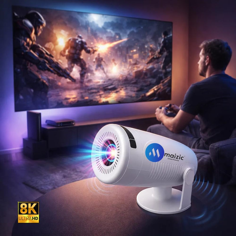Maizic Smarthome Boombeat Projector | 8000 Lumens Android 13 LED Projector | 8K & 4K Supported | Built-in Speaker | Bluetooth 5.2 | Wi-Fi Mirroring | HDMI USB | Auto Keystone | Netflix YouTube