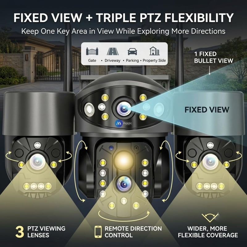 Maizic Smarthome Quadgenie 2.0 4G (6MPx4) Four Lens/Screens Outdoor CCTV Camera | Bullet + Triple PTZ | Color Night Vision | AI Human Detection | Two-Way Talk | IP67 Waterproof