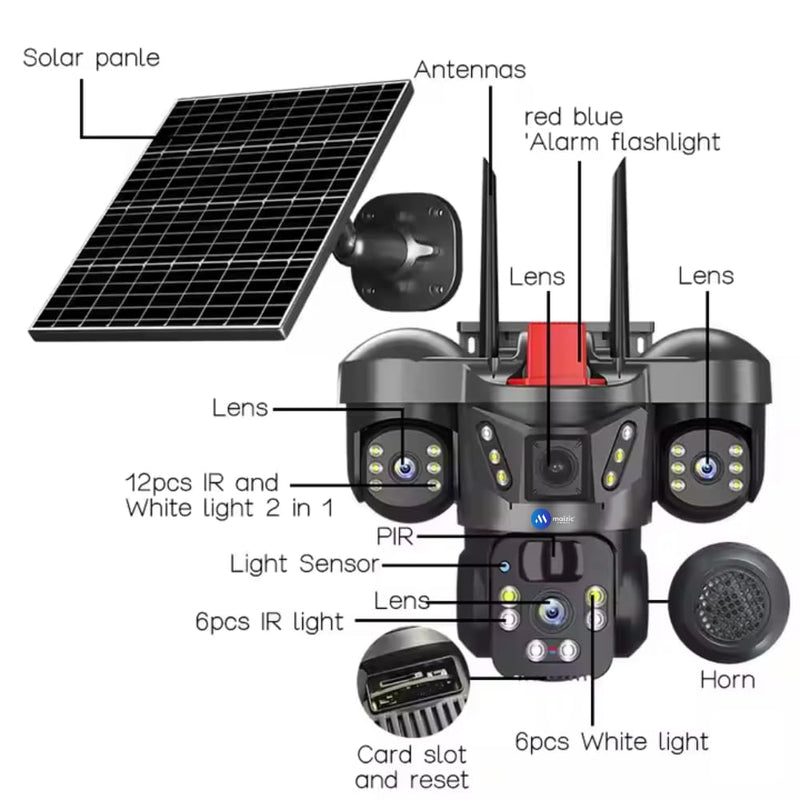 Maizic Trion 4G Solar 5MP Triple Lens Outdoor CCTV – Auto Tracking, Human Detection, Color Night Vision