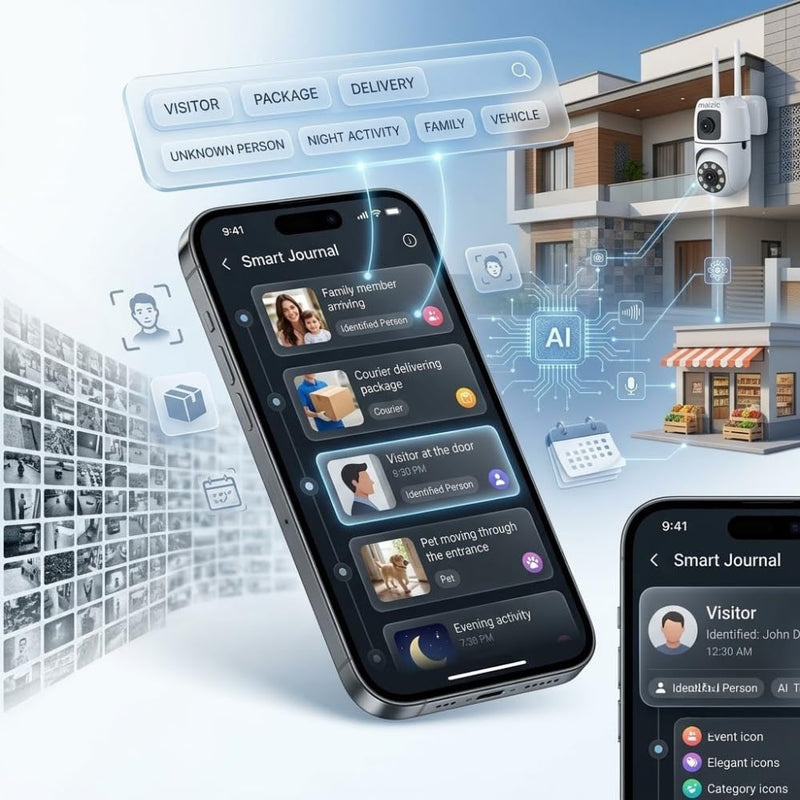 Maizic Smarthome Ask 5MP WiFi AI Agent CCTV Camera | Dual-Lens View | Hindi & English Voice Daily Briefing | Face Recognition, Smart Journal, ProofCam Video Evidence & Colour Night Vision