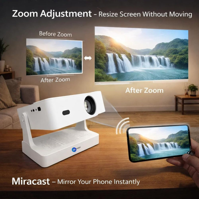 Maizic Smarthome Tej PRO 2K Smart Projector | 12000 Lumens | Wi-Fi & Bluetooth | Zoom Adjustment & Miracast | Supports Netflix, YouTube & Play Store | HDMI, USB, RJ45 | Android & iOS Support
