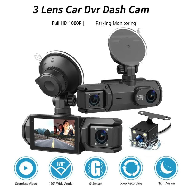 Maizic Triplex 4K 3-Channel Dash Cam – Front, Rear & Cabin, Wi-Fi, G-Sensor, IR Night Vision, 24H Parking Monitor