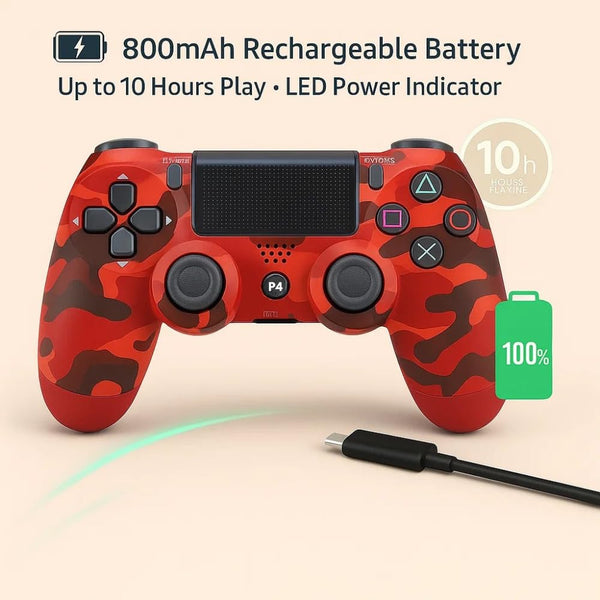 Maizic Smarthome Funetic Red Camo Bluetooth Wireless P4 Controller with dual vibration, turbo, touchpad, Type-C fast charging, 10hr battery, and protective case. Compatible with PS4, PC, smartphone, and PS5-supported games.