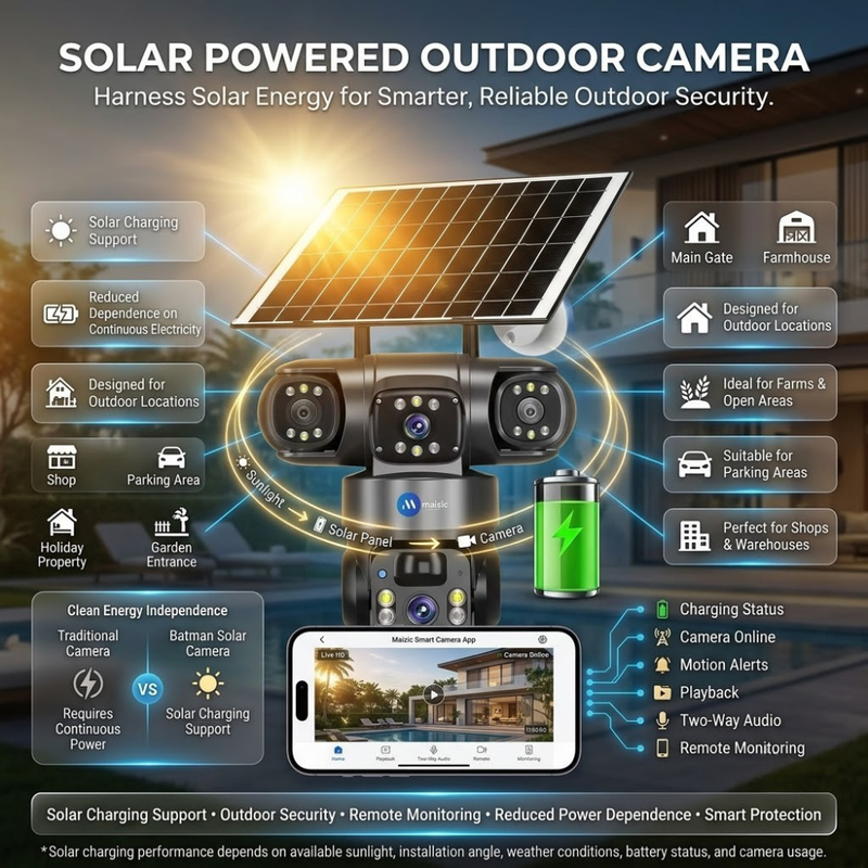Maizic Smarthome Batman Solar 4G SIM Outdoor CCTV Camera 5MP×3 Triple Lens | AI PTZ Security Camera | Triple Screen Live View | Color Night Vision | Human Detection | Two-Way Audio | Solar Powered | Black