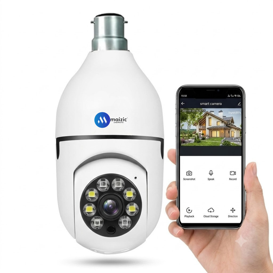 Maizic Smarthome 5MP Smart WiFi Bulb Camera | 360° Pan & Tilt Auto Tracking | Full Color Night Vision | B22 Easy Installation | Two-Way Audio | Remote Mobile Access | AI Motion Detection | Home Security CCTV