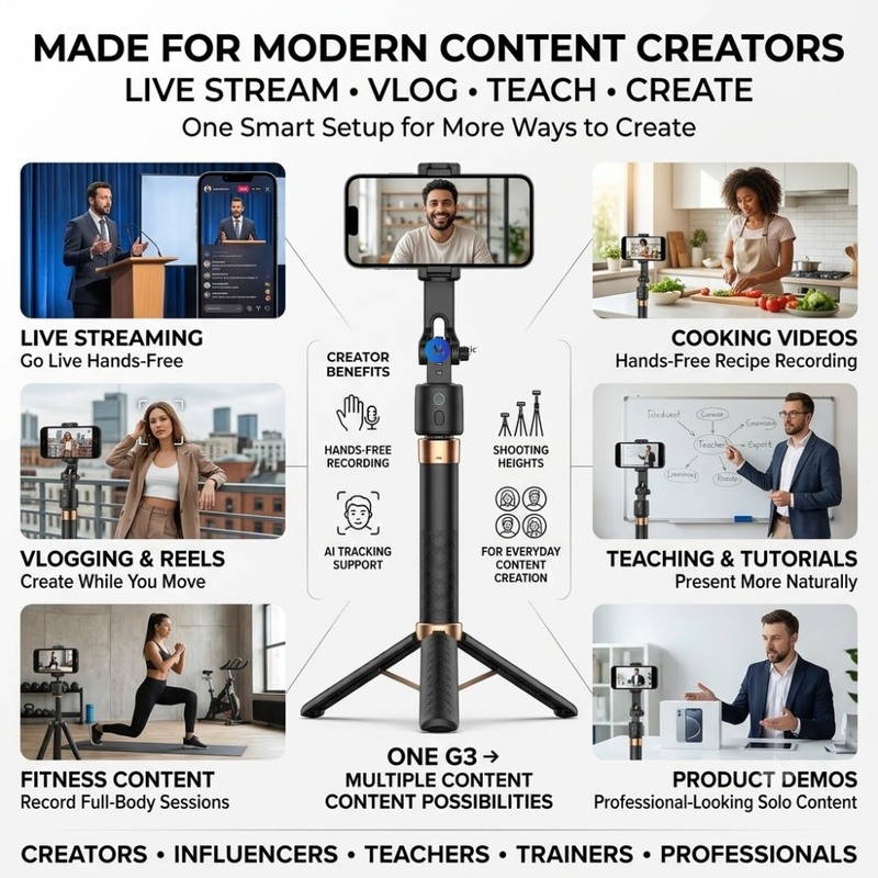 Maizic Smarthome Gimbal Camera G3 70-Inch AI Auto Face Tracking Tripod for Smartphone, 360° Rotation, Gesture Control, Gimbal Stabilizer & Selfie Stand for Live Streaming, Vlogging & Content Creation