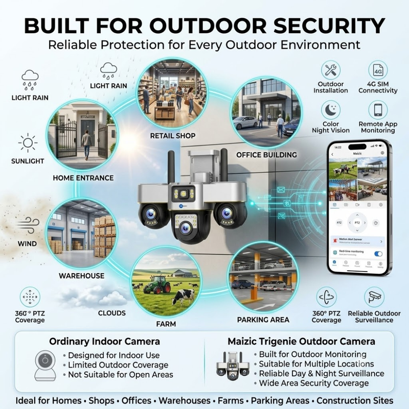 Maizic Smarthome Trigenie 4G SIM Triple Lens CCTV Camera, 5MP×3 Outdoor Security Camera with 360° PTZ, Triple Screen View, Color Night Vision, AI Motion Detection, 2-Way Audio & App Remote Access (Black)