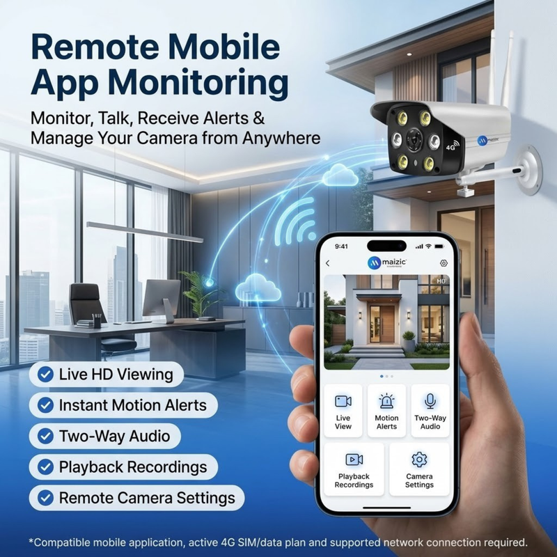 Maizic Smarthome 4G SIM Bullet CCTV Camera for Home Outdoor | 1080P HD Security Camera Without WiFi | Color Night Vision | 9 IR LEDs & White LED Light | Motion Detection | Two-Way Talk | Weatherproof Design