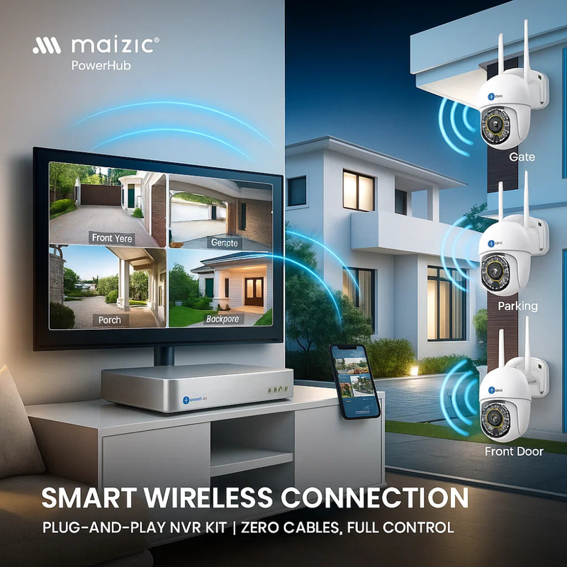 Maizic Smarthome PowerHub 3MP HD Wireless CCTV NVR Kit | Auto-Pair 4-Channel Security System | PTZ Cameras | 100M Long-Range Dual-Band Wi-Fi | IP66 Waterproof | Motion Detection | 2-Way Audio | App Live View