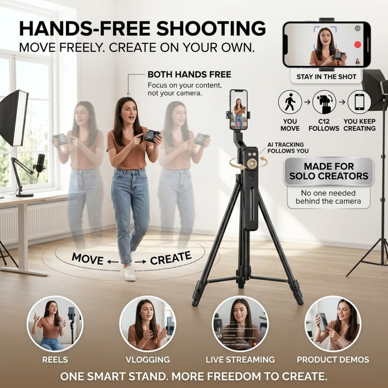 Maizic Smarthome Gimbal Camera G2 1.8M Selfie Tripod for Mobile Phone, 360° Auto Rotation AI Face Tracking Tripod with Remote Control, Quadrapod Stand & Adjustable Phone Holder for Reels, Vlogging & Video Recording