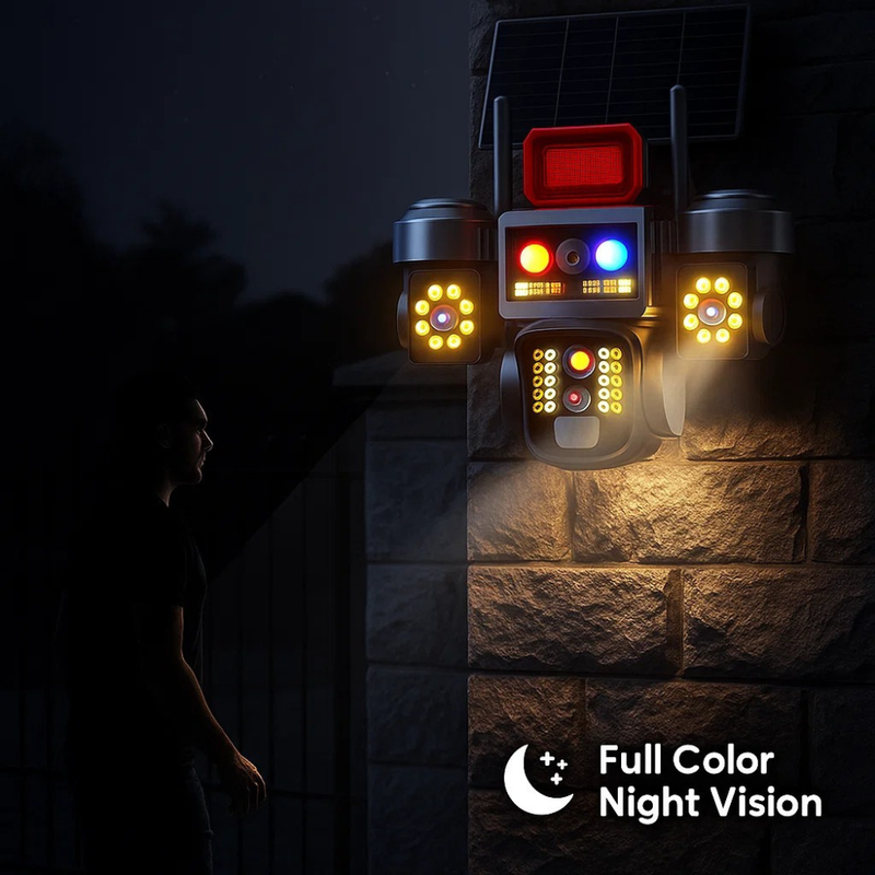Renewed Maizic Smarthome Batman Siren 4G Solar Triple Lens CCTV Camera | 3×3MP UHD | Outdoor Security | Manual Side Rotation | Color Night Vision | Human Detection | Two-Way Audio | IP67 Waterproof