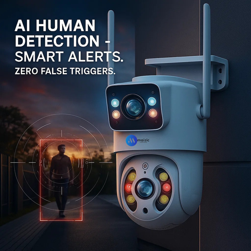 Maizic Smarthome Supercam Fox 5MP+5MP Dual Lens WiFi Outdoor Security Camera | Full HD 360° View | Color Night Vision | AI Human Detection | 2-Way Audio | Waterproof CCTV with 128GB SD Support | Multi-User Access