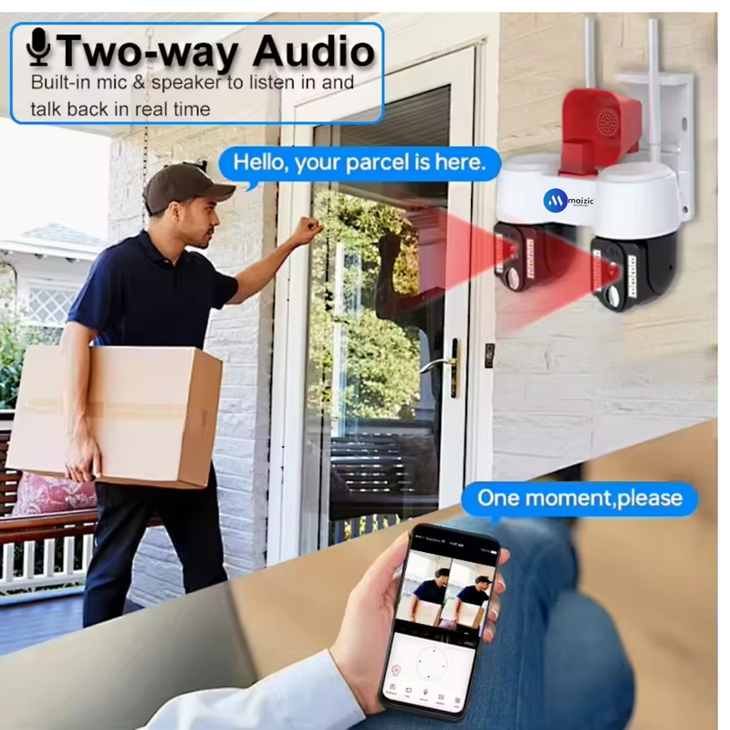 Maizic Smarthome 2in1 2K FHD Siren 1080p Resolution WIFI Wireless Outdoor Camera with Dual Lens | 360° View | Alarm | Motion Detection | Color Night Vision | IP66 Weatherproof | Two Way Audio Support Upto 128 GB SD Card