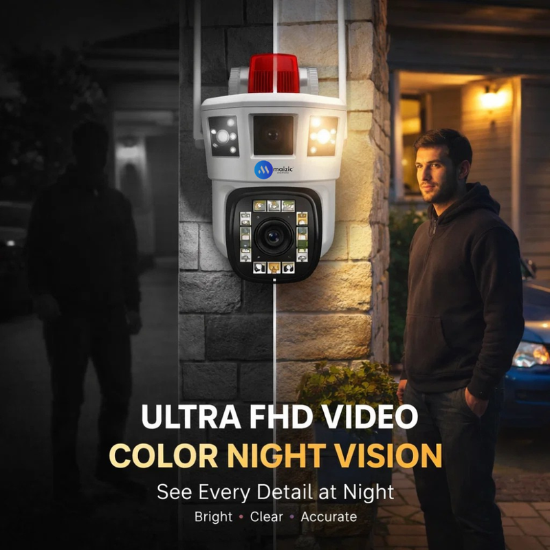 Maizic Smarthome Supercam White Shark 4G SIM Outdoor CCTV Camera | 5MP+5MP 2-Lens/3-Triple Screen View | AI Motion Detection | Color Night Vision | 360° PTZ | Ultra FHD | Two Way Audio | IP67