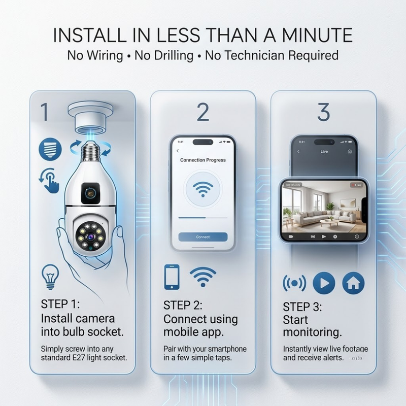 Maizic Smarthome Supercams 4+4 MP Dual Lens Smart Bulb CCTV Camera | Fixed Bullet + PTZ Dual Camera | Dual Live Monitoring | AI Human Detection | Color Night Vision | Two-Way Audio | Wireless WiFi Indoor Security Camera