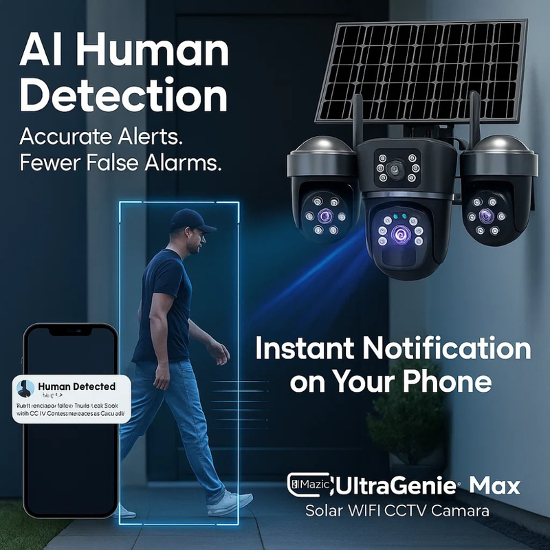 Maizic Smarthome UltraGenie Max 5MP×3 UHD Triple Lens/Screen Triple PTZ WiFi Solar Outdoor CCTV Camera | Color Night Vision | Human Detection | Two-Way Audio | IP66 Waterproof | Multi-User View