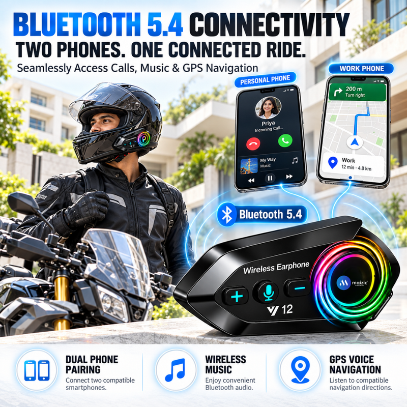 Maizic Smarthome Y12 Helmet Bluetooth Headset with HD Calling, 360° Surround Sound, Bluetooth 5.4, Noise Cancellation, IP67 Waterproof, Voice Assistant & Siri Support, Universal Helmet Compatibility