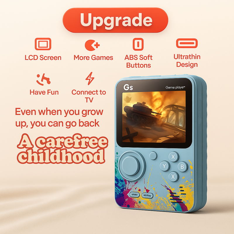 Maizic Smarthome G5 Blue Retro Handheld Game Console with 500 built-in games, 3-inch screen, TV connection, and rechargeable battery. Ideal gift for kids and classic game fans.