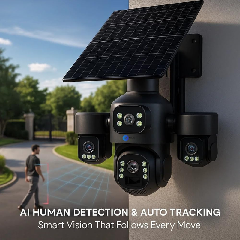 Renewed Maizic Smarthome Ultragenie 4G Solar 5MP×3 FHD 3 Lens/3 Screen AI Triple PTZ Outdoor CCTV Camera | 360° View | Color Night Vision | Human Detection | 2-Way Audio | IP66 Waterproof