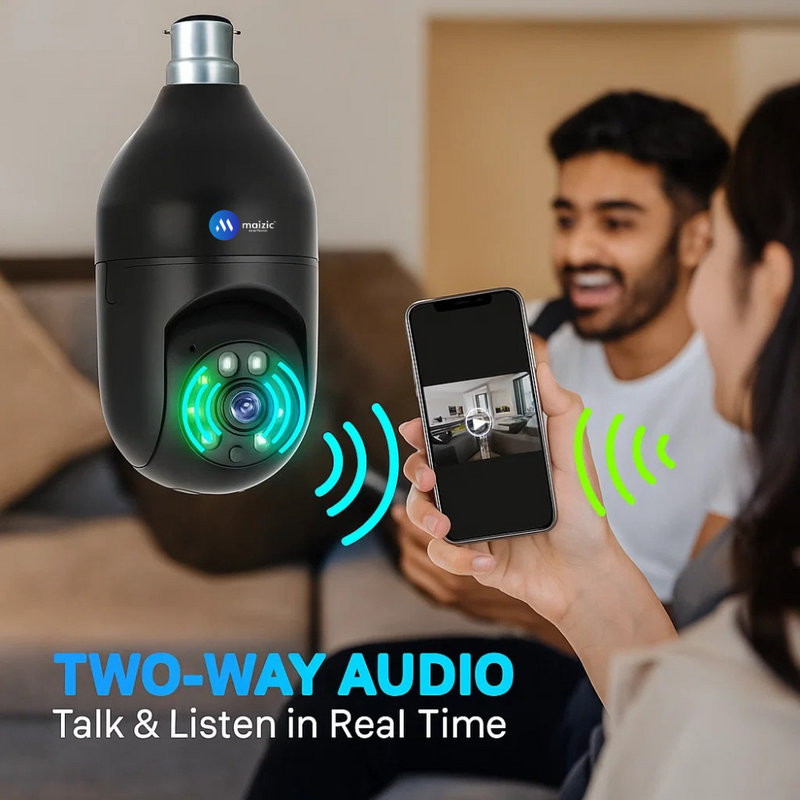 Maizic Smarthome Black Bulb Holder 3MP HD Wi-Fi CCTV Camera | Indoor Security PTZ with Color Night Vision, Two-Way Audio & Siren