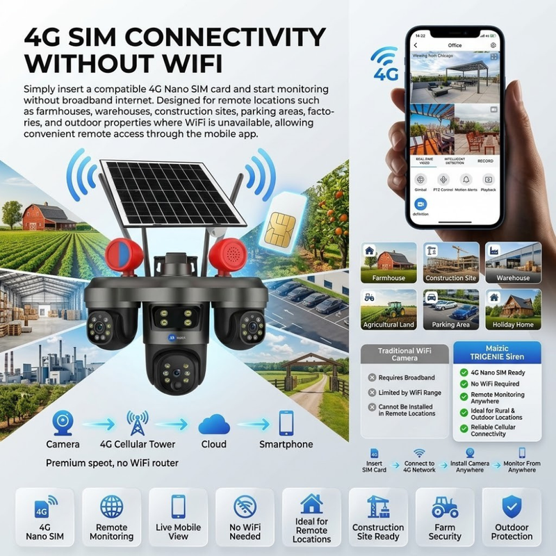 Maizic Smarthome TRIGENIE Siren 4G Solar Outdoor Security Camera | 15MP Triple Lens (5MP×3), Triple Screen Live View, 360° AI PTZ, Active Siren, Color Night Vision, Human Detection, Two-Way Audio, IP66