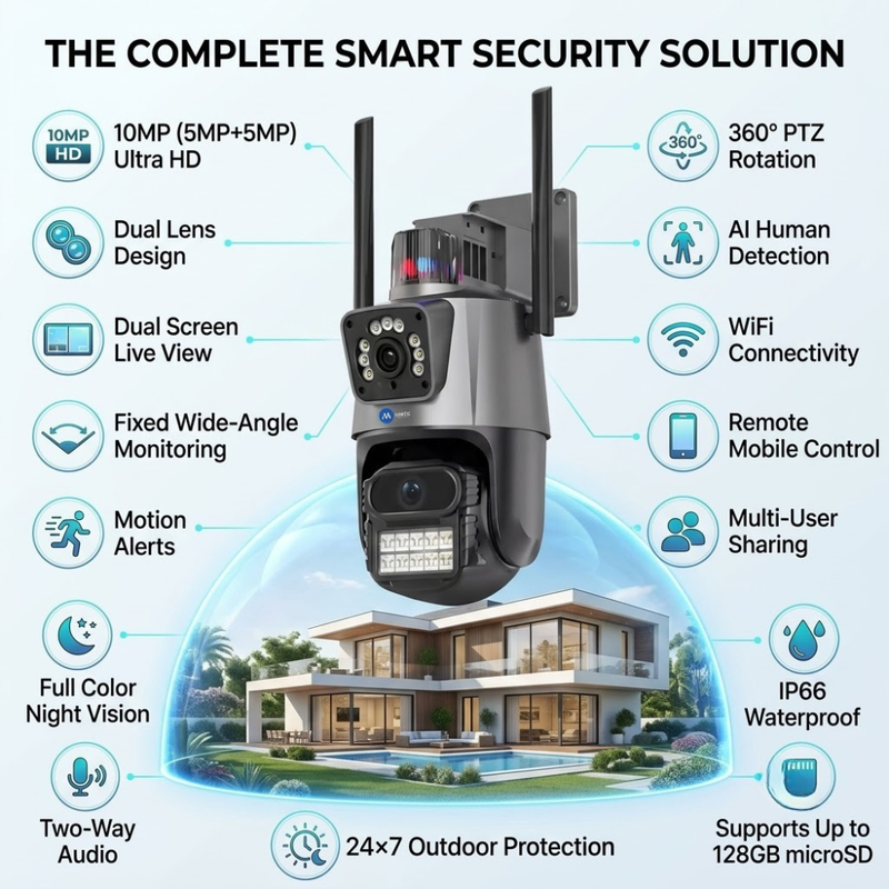 Maizic Smarthome Supercam TwinView 10MP Dual Lens Outdoor WiFi CCTV Camera | Watch Two Views at Once | 360° Pan Tilt + Fixed Lens | AI Human Detection | Full Color Night Vision | Two-Way Intercom | IP66 Waterproof