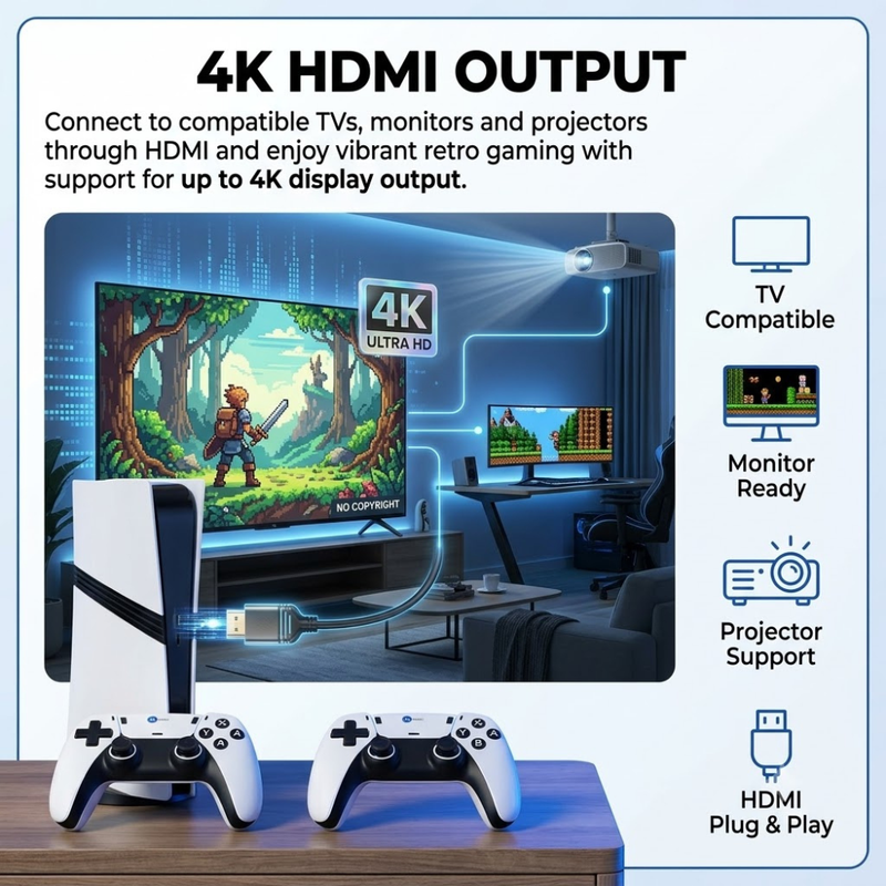 Maizic Smarthome GS5 Pro 4K Retro Gaming Stick | 30000+ Built-in Games | 53 Emulators | Wireless Plug & Play HDMI Console | Includes 2 Wireless Controllers | For TV, PC & Projector