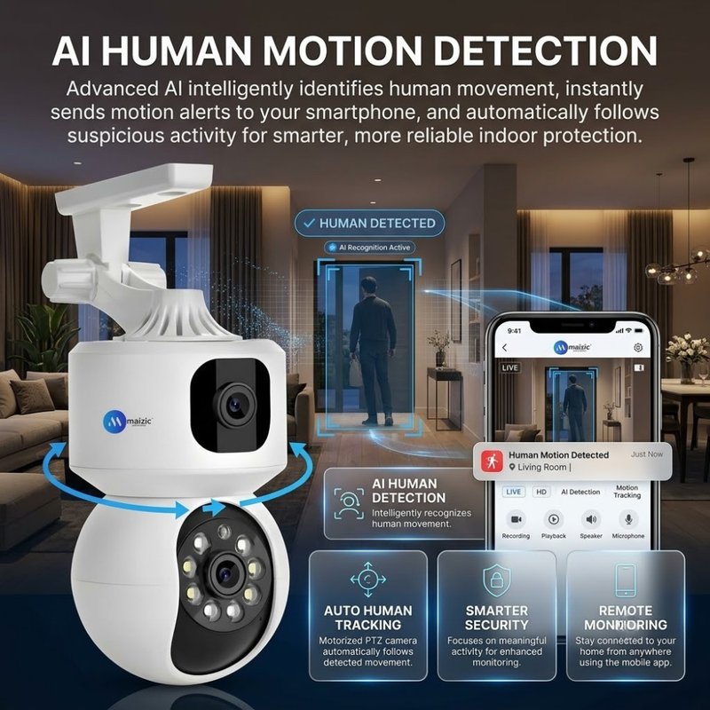 Maizic Smarthome SuperCam 5+5MP Smart WiFi CCTV Camera | Dual Lens Dual Screen Monitoring | 360° PTZ | Color Night Vision | Motion Detection | Two-Way Audio | Multi-User Viewing