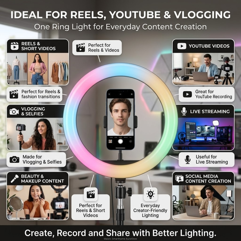 Maizic Smarthome RGB LED Soft Ring Light with Adjustable Phone Holder for Selfies, Reels, YouTube, Vlogging, Video Shooting & Live Streaming