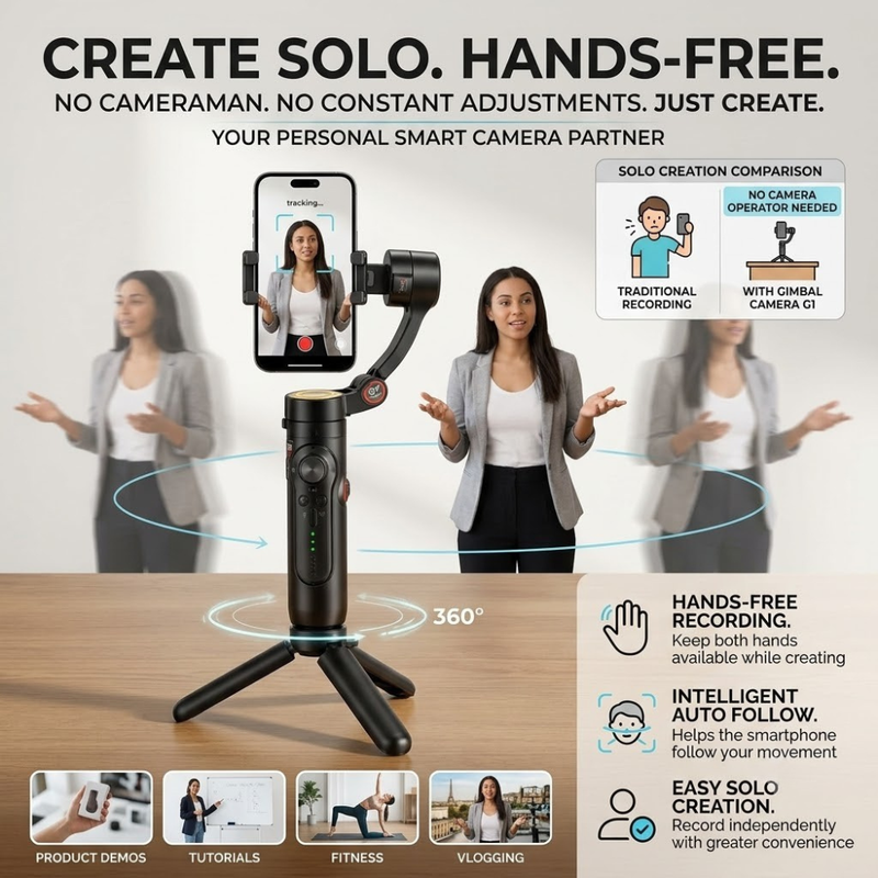 Maizic Smarthome Gimbal Camera G1, 360° AI Face Tracking Mobile Stabilizer, Dual-Axis Auto Follow Smartphone Gimbal Stand for Video Recording, Vlogging, Reels & Live Streaming