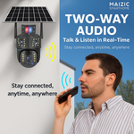 Maizic Smarthome Tricam 10X Opti-Zoom | 4G SIM Based Dual Lens + Triple Screen | 5MP Solar Powered Outdoor CCTV Camera | Built-in Battery | Farm & Agriculture Surveillance | 6 Months Warranty