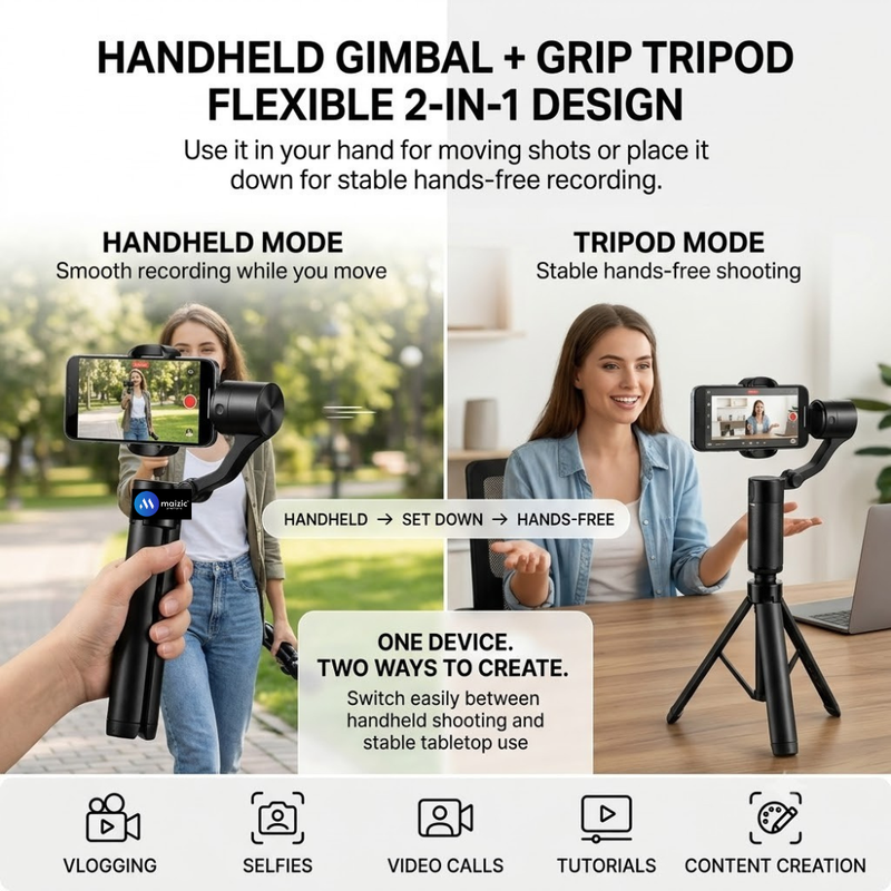 Maizic Smarthome Gimbal Camera G4 Smartphone Gimbal Stabilizer with AI Face Tracking, Grip Tripod, FPV Mode, Time-Lapse & Up to 12 Hours Battery, Handheld Phone Stabilizer for Vlogging & Reels – Black