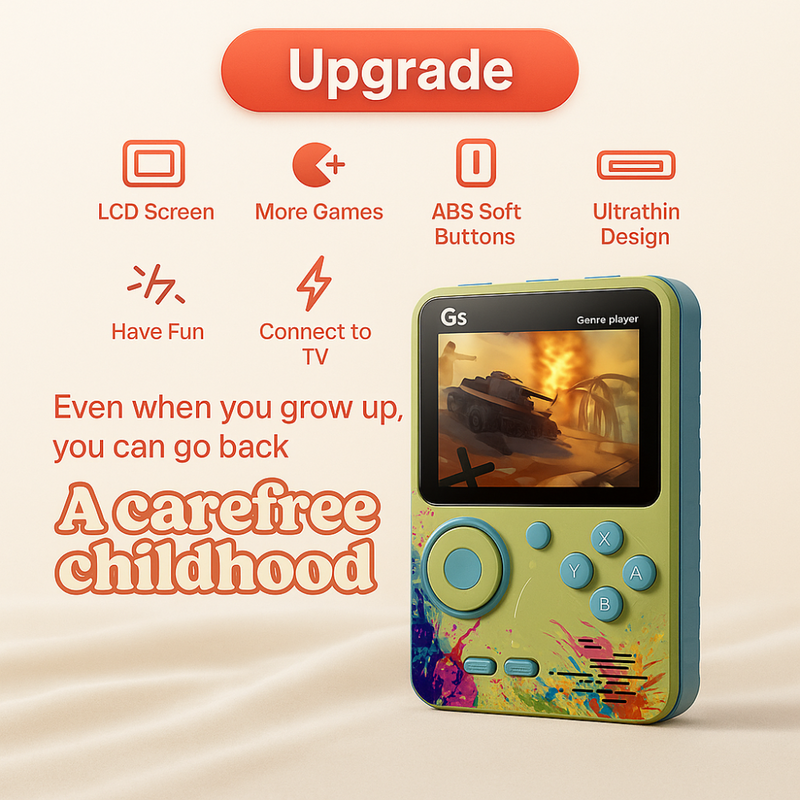 Maizic Smarthome G5 Green Handheld Game Console with 500 built-in games. 3-inch display, single-player, rechargeable, portable – ideal gaming gift for kids.
