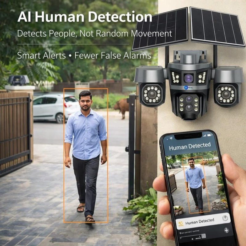 Maizic Smarthome Trigenie 4G Dual Solar Panel 6MP*3 UHD Triple Lens/Screen Dual PTZ Outdoor CCTV | Left Camera Manually Rotation | 16K mAh Battery | Color Night Vision | 2-Way Audio | Motion Detection