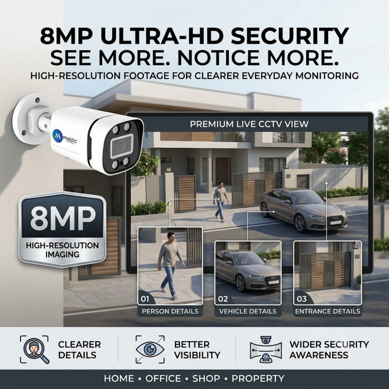 Maizic Smarthome 8MP Outdoor Bullet Wired IP CCTV Camera for Home & Office | Ethernet Security Camera with Built-in Audio, Starlight Night Vision, ONVIF & NVR Compatible, Waterproof