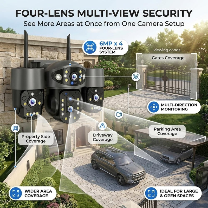 Maizic Smarthome Quadgenie 2.0 4G (6MPx4) Four Lens/Screens Outdoor CCTV Camera | Bullet + Triple PTZ | Color Night Vision | AI Human Detection | Two-Way Talk | IP67 Waterproof