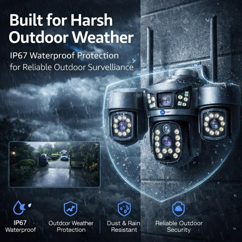 Maizic Smarthome Quadgenie 4G (6MPx4) Four Lens/Screens Outdoor CCTV Camera | Bullet + Triple PTZ | 10X Optical Zoom | Color Night Vision | AI Human Detection | Two-Way Talk | IP67 Waterproof