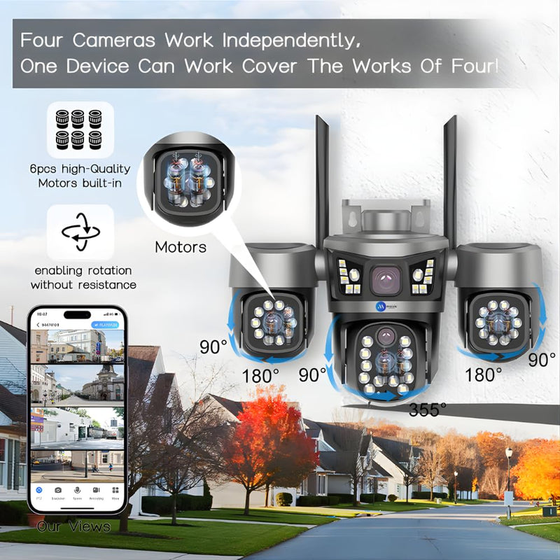 Maizic Smarthome Quadgenie 4G (6MPx4) Four Lens/Screens Outdoor CCTV Camera | Bullet + Triple PTZ | 10X Optical Zoom | Color Night Vision | AI Human Detection | Two-Way Talk | IP67 Waterproof