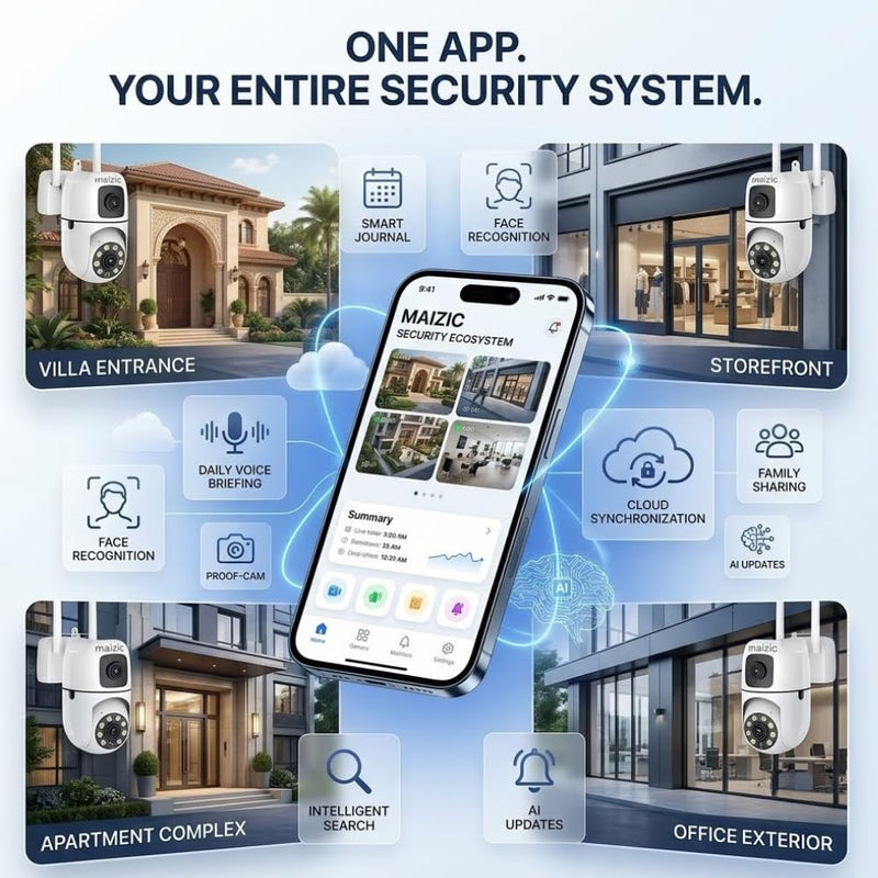 Maizic Smarthome Ask 5MP WiFi AI Agent CCTV Camera | Dual-Lens View | Hindi & English Voice Daily Briefing | Face Recognition, Smart Journal, ProofCam Video Evidence & Colour Night Vision