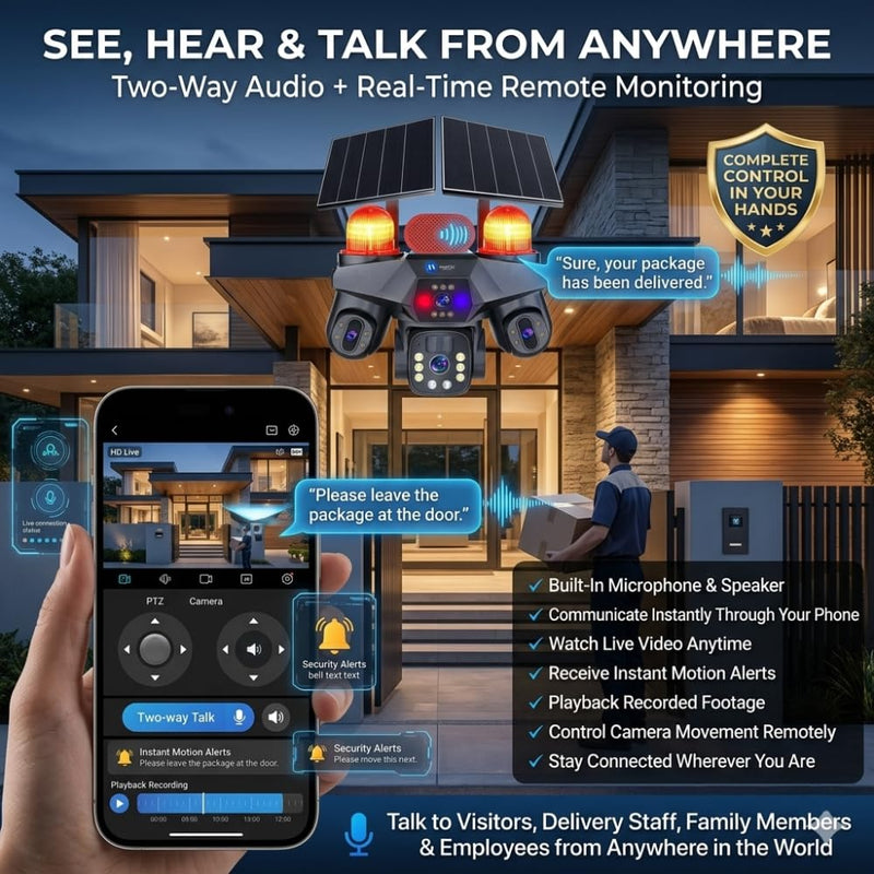 Maizic Smarthome TriSiren 5MP×3 4G Solar Camera | Triple PTZ/Lens with Triple Screen View | Dual Solar Panel | 10000mAh Inbuilt Battery | AI Human Detection | Color Night Vision | 2-Way Talk