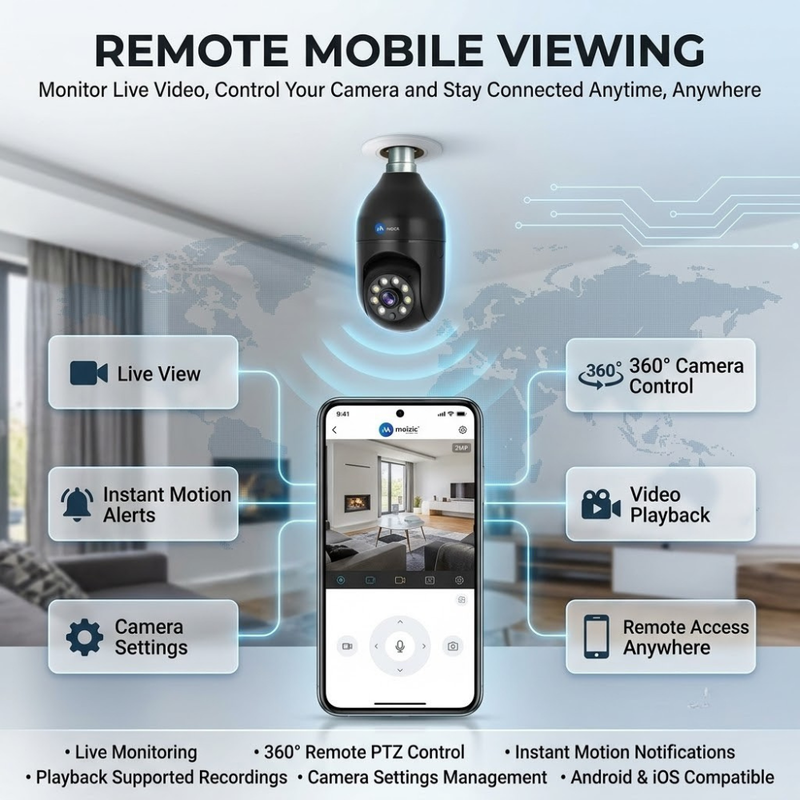 Maizic Smarthome 3MP WiFi Bulb Security Camera | 360° PTZ | AI Human Detection | Full Color Night Vision | Two-Way Audio | Easy B22 Installation | Remote Mobile Monitoring
