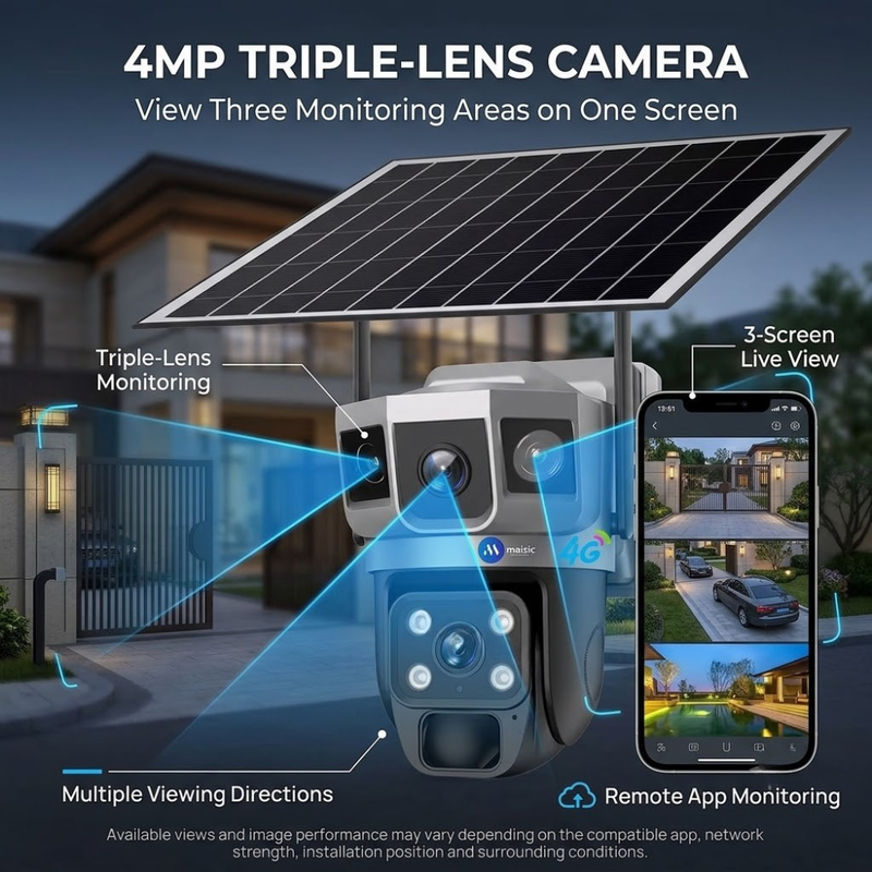 Maizic Smarthome Shark Outdoor 4MP 4G SIM Solar CCTV Camera | Triple Lens & 3-Screen Monitoring | No WiFi Required | Color Night Vision | Motion Detection | Two-Way Audio | Weatherproof Security Camera
