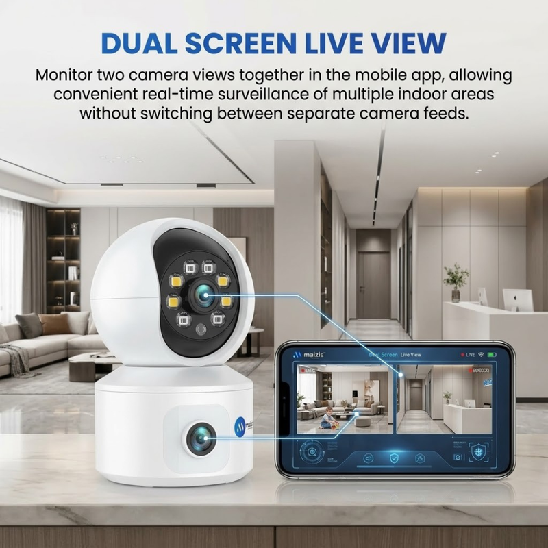 Maizic Smarthome SuperCam 4G Indoor Security Camera | 4+4MP Dual Lens Full HD CCTV Camera Without WiFi | Dual Screen Live View, AI Motion Detection, Color Night Vision, Two-Way Audio, Remote Mobile Access, Supports Up to 128GB microSD