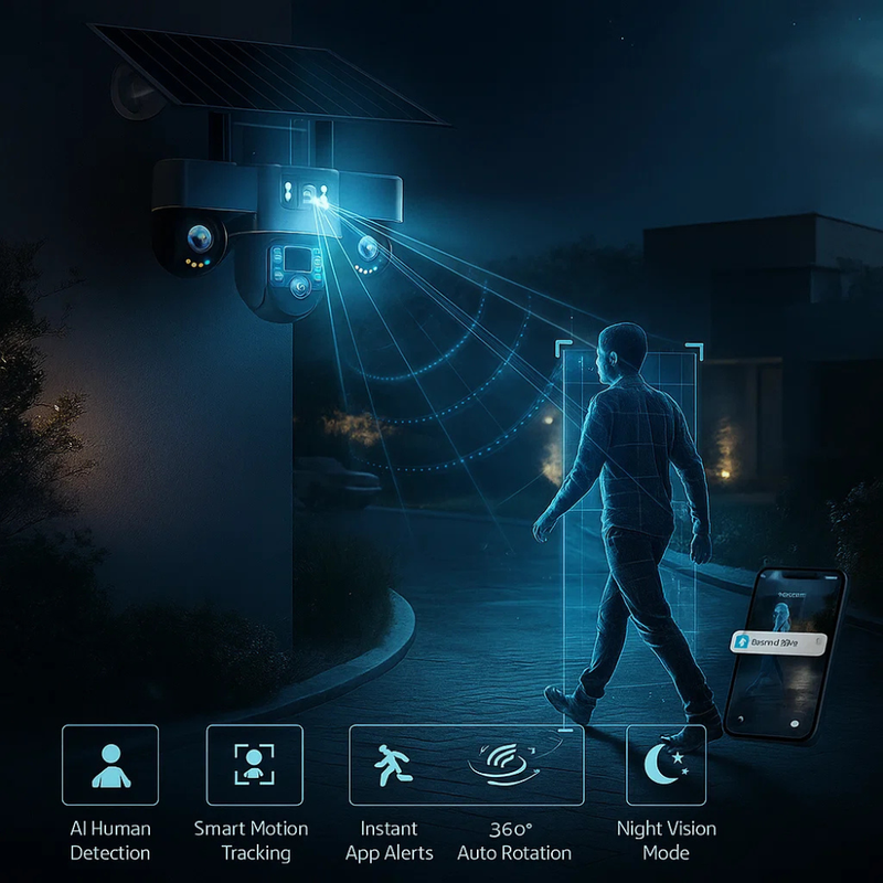 Maizic Smarthome TRIGENIE 4G Solar 6MP×3 FHD 3 Lens/3 Screen AI Triple PTZ Outdoor CCTV Camera | 360° View | Color Night Vision | Human Detection | 2-Way Audio | IP66 Waterproof | Multi User View
