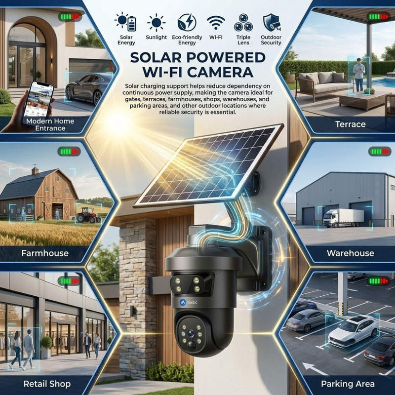 Maizic Smarthome TRIGENIE Siren Solar Wi-Fi Triple Lens 5MP×3 AI PTZ Security Camera | 360° Outdoor Surveillance | Triple Screen Monitoring | Color Night Vision | Human Detection | 2-Way Talk | IP66 Waterproof (Black)