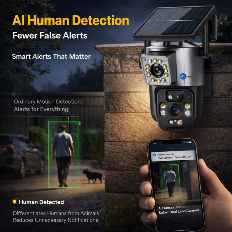 Maizic Smarthome Supercam 2.0 4G Solar Dual Lens/Screen 5+5MP UHD Outdoor CCTV | PTZ + Bullet | 360° View | 8000mAh Battery | Color Night Vision | 2-Way Audio | Human Detection | IP66 Waterproof