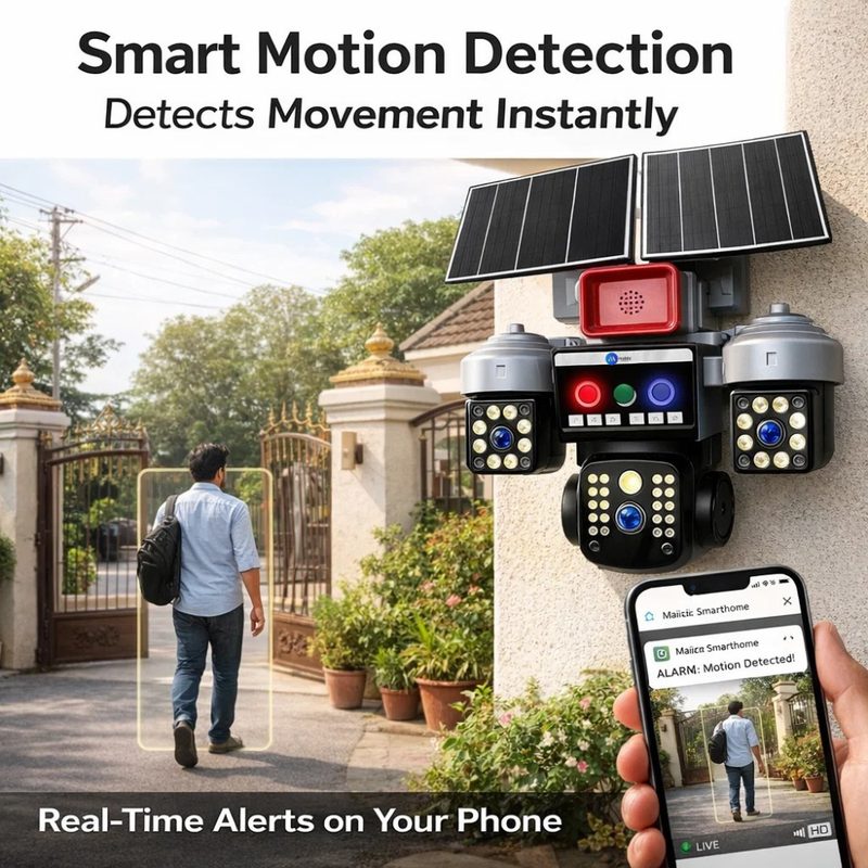 Maizic Smarthome Batman Siren 4G Dual Solar Panel Outdoor CCTV Camera | Triple (Lens/Screen) 5MP×3 UHD | Manual Side Cameras Rotation | 360° View | Color Night Vision | 2-Way Audio | Motion Detection