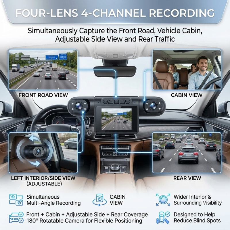 Maizic Smarthome DriveCam 4- Lens Dash Camera for Cars | Up to 1080P Full HD 4-Channel Recording | 180° Rotatable Camera | Front, Cabin & Rear Wide-Angle Coverage | G-Sensor | Smart Loop Recording | 2.0