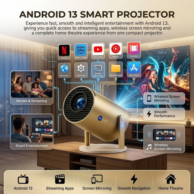 Maizic Smarthome Golden 2X Smart Projector | Android 13.0 OS | 950S High-Performance Chip | Native 800P HD | 1080P & 4K Supported | Auto Focus, 4D Keystone | Netflix, Prime Video, WiFi, Bluetooth & Screen Mirroring